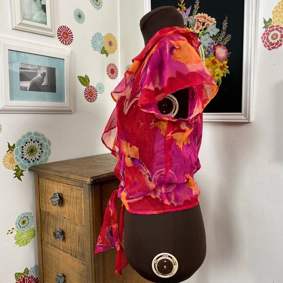 Vintage Chiffon Bolero Top, 1990s Cache Fuchsia Floral Short Sleeve Jacket Sz S - Picture 8 of 10